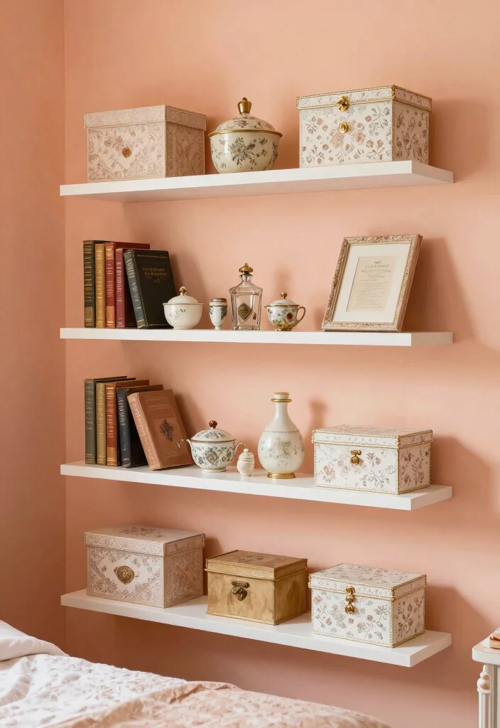 15 Peach Colour Vintage Bedroom Ideas With Romantic Charm - 13. Vintage Displays and Shelving