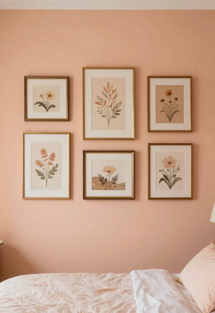 15 Peach Colour Vintage Bedroom Ideas With Romantic Charm - 14. Elegant Wall Art