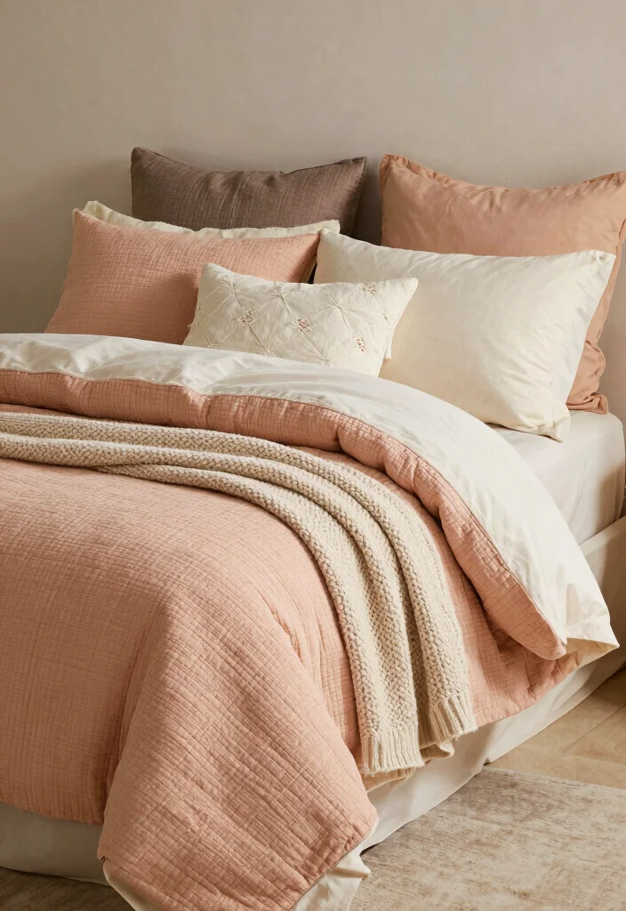 15 Peach Colour Vintage Bedroom Ideas With Romantic Charm - 15. Cozy Textural Bedding
