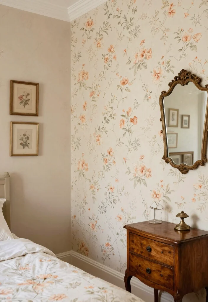 15 Peach Colour Vintage Bedroom Ideas With Romantic Charm - 2. Vintage Floral Wallpaper