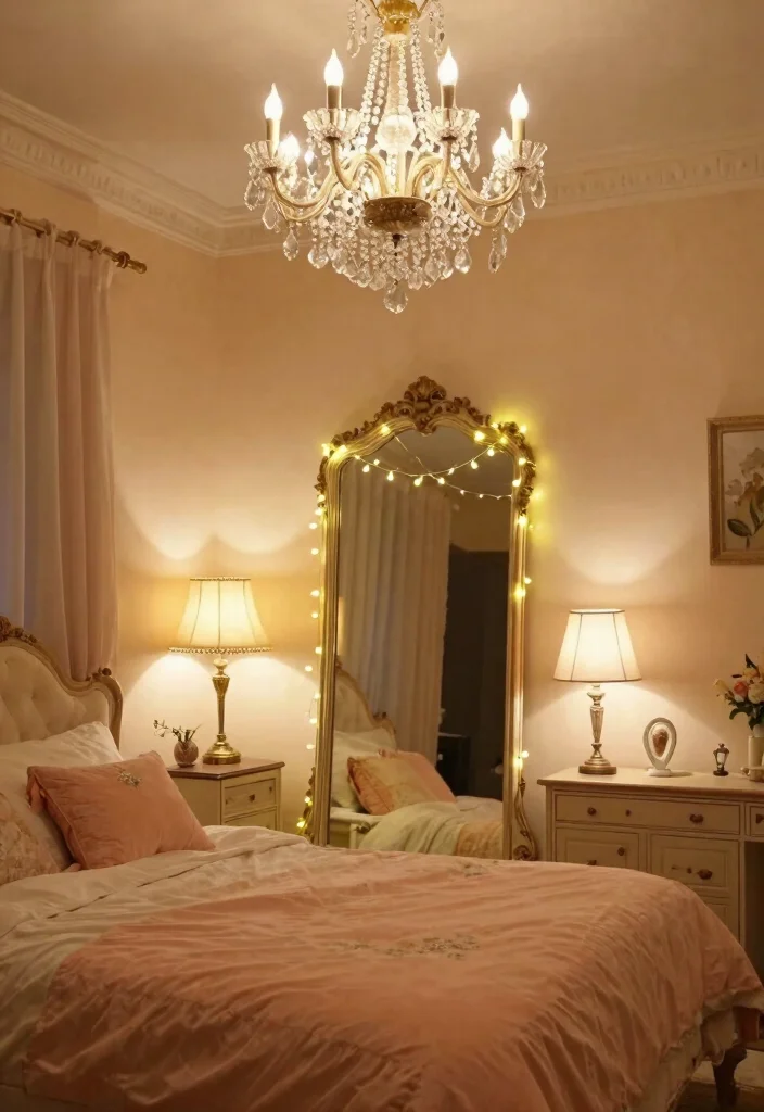 15 Peach Colour Vintage Bedroom Ideas With Romantic Charm - 4. Romantic Lighting