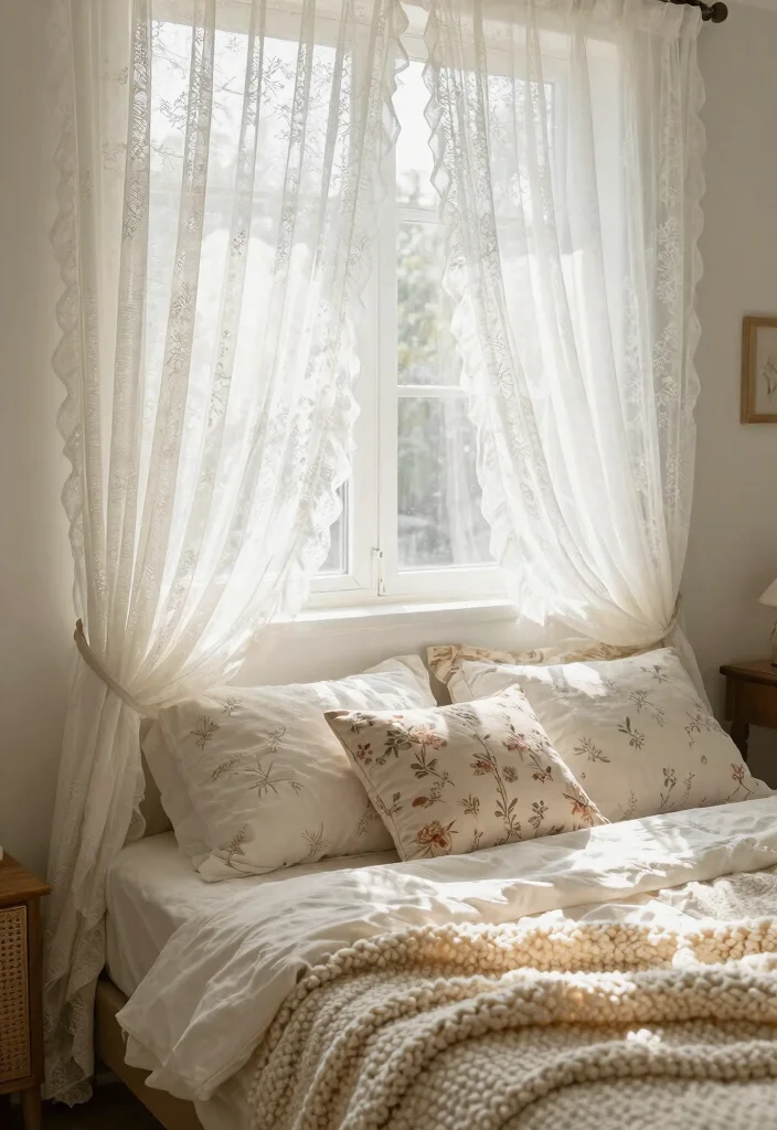 15 Peach Colour Vintage Bedroom Ideas With Romantic Charm - 5. Lace Curtains and Textiles