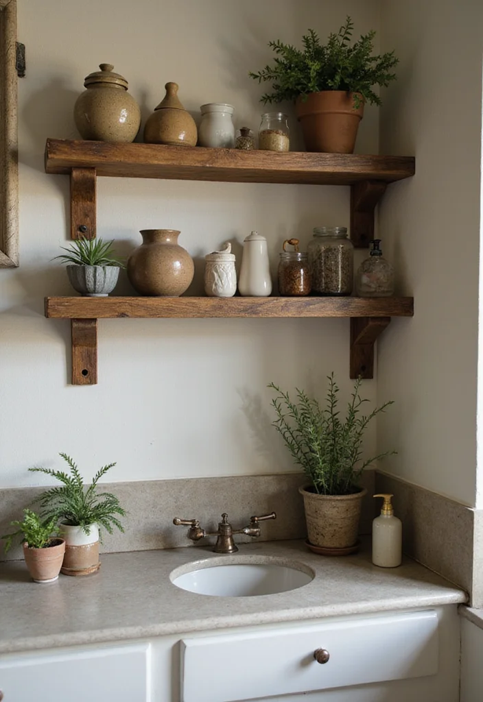 15 Rustic Bathroom Decor Ideas With Warm Charm - 1. Weathered Wood Shelving