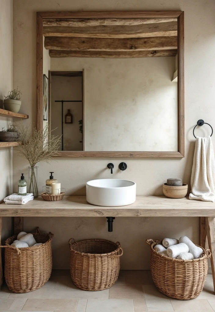 15 Rustic Bathroom Decor Ideas With Warm Charm - 11. Woven Baskets for Storage