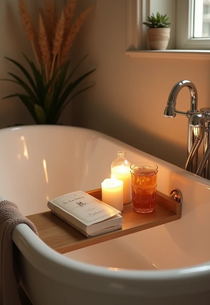 15 Rustic Bathroom Decor Ideas With Warm Charm - 14. Wooden Bathtub Caddy