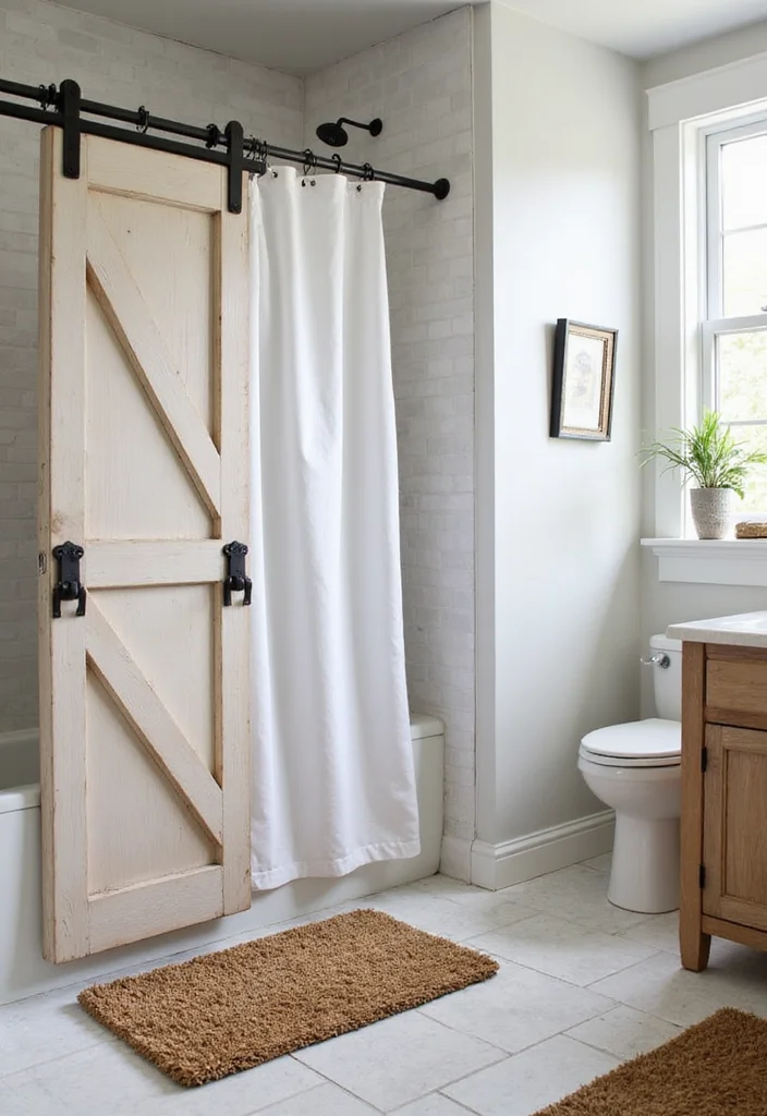 15 Rustic Bathroom Decor Ideas With Warm Charm - 2. Barn Door Shower Curtain