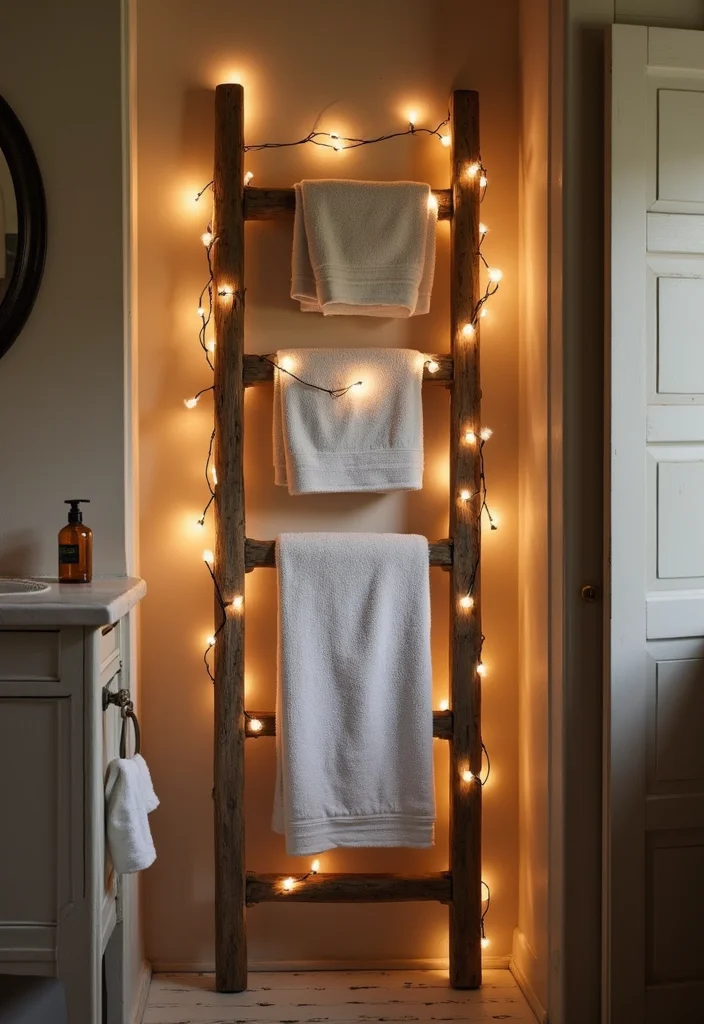 15 Rustic Bathroom Decor Ideas With Warm Charm - 3. Vintage Ladder Towel Rack