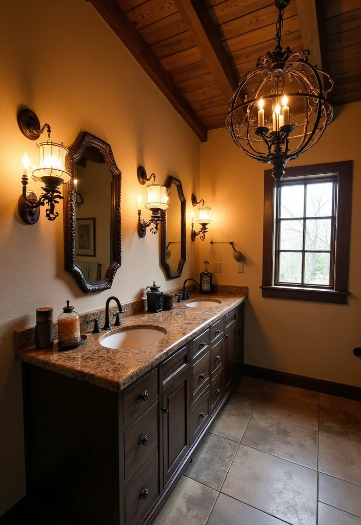 15 Rustic Bathroom Decor Ideas With Warm Charm - 5. Cozy Bathroom Lighting
