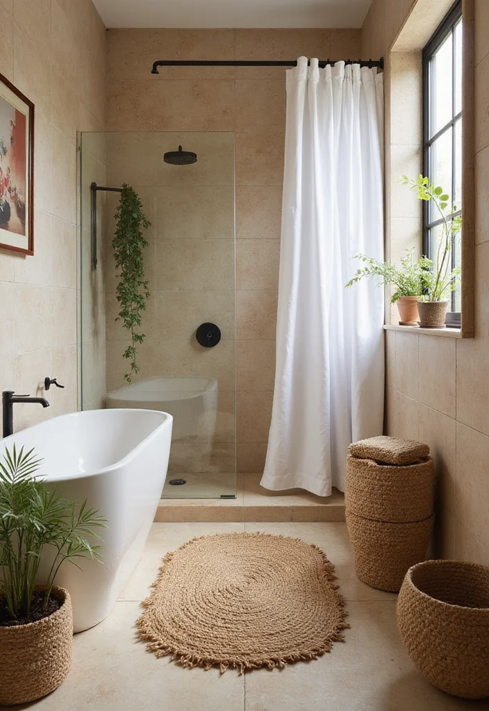 15 Rustic Bathroom Decor Ideas With Warm Charm - 9. Natural Fiber Rugs