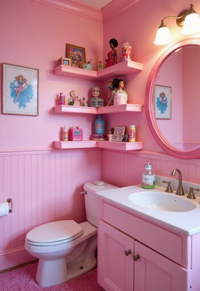 16 Barbie Bathroom Decor Ideas for a Fun Makeover - 9. Pink Accented Shelves