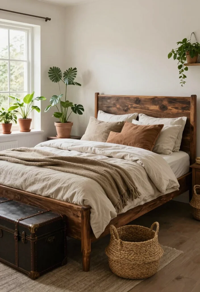 16 Dark Brown Bed Frame Boho Bedroom Ideas With Natural Texture - 1. Rustic Elegance with Reclaimed Wood