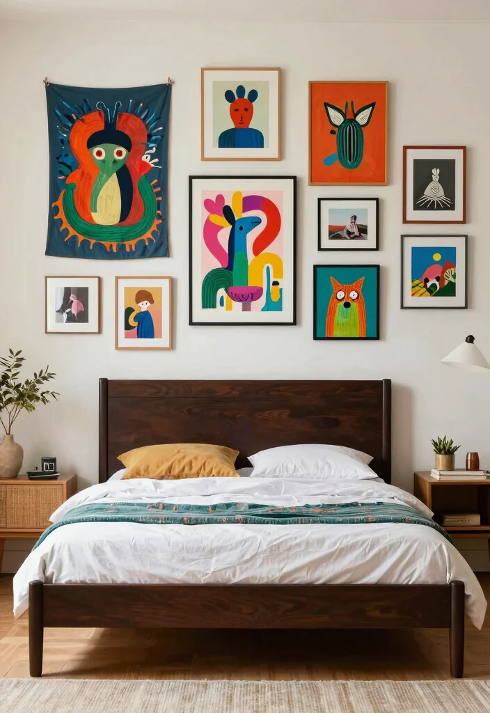 16 Dark Brown Bed Frame Boho Bedroom Ideas With Natural Texture - 10. Whimsical Wall Art