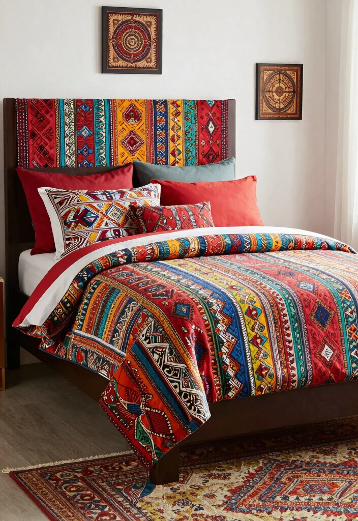 16 Dark Brown Bed Frame Boho Bedroom Ideas With Natural Texture - 11. Ethnic Prints and Patterns