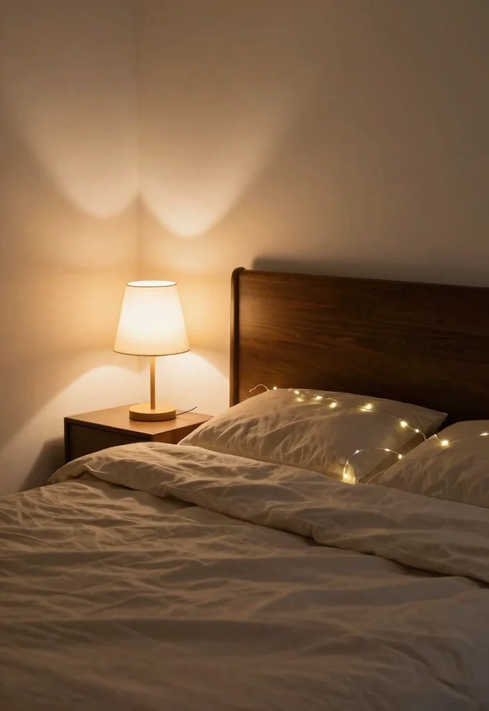 16 Dark Brown Bed Frame Boho Bedroom Ideas With Natural Texture - 12. Soft Lighting for Serene Vibes
