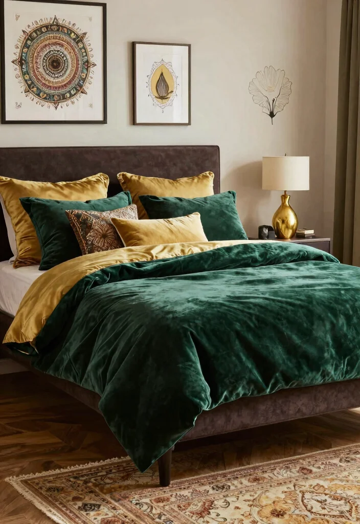 16 Dark Brown Bed Frame Boho Bedroom Ideas With Natural Texture - 2. Bohemian Luxe with Velvet Accents