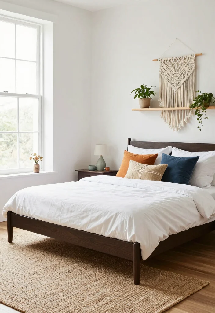 16 Dark Brown Bed Frame Boho Bedroom Ideas With Natural Texture - 3. Minimalist Boho Retreat