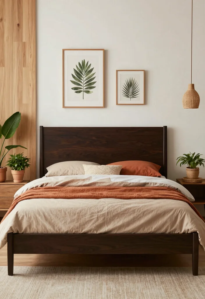 16 Dark Brown Bed Frame Boho Bedroom Ideas With Natural Texture - 5. Earthy Tones and Natural Wood