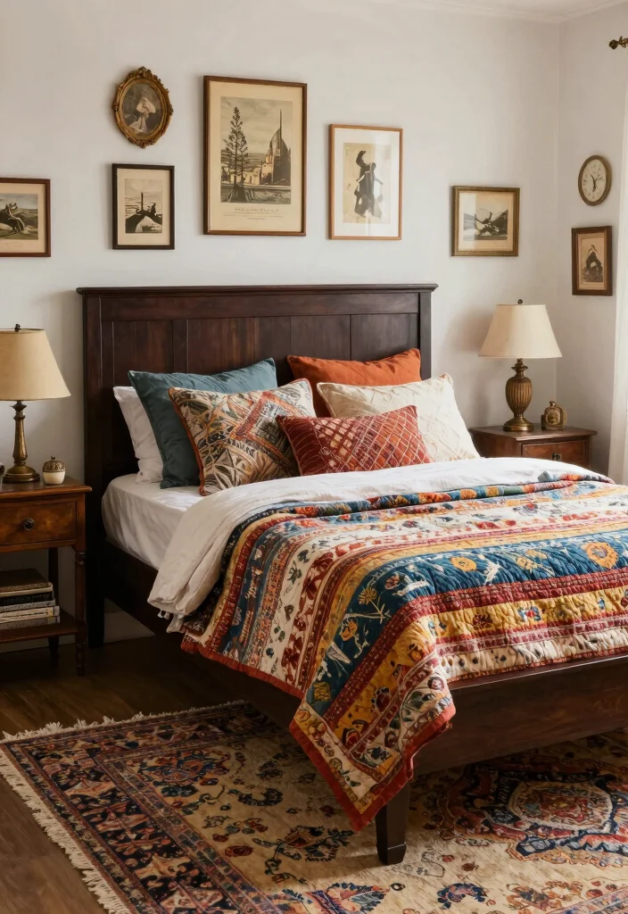 16 Dark Brown Bed Frame Boho Bedroom Ideas With Natural Texture - 6. Vintage Vibes with Antique Finds