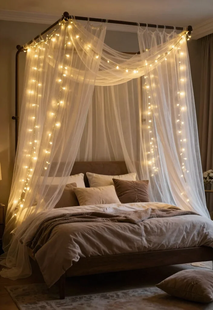 16 Dark Brown Bed Frame Boho Bedroom Ideas With Natural Texture - 7. Creative Canopy with Flowing Fabrics