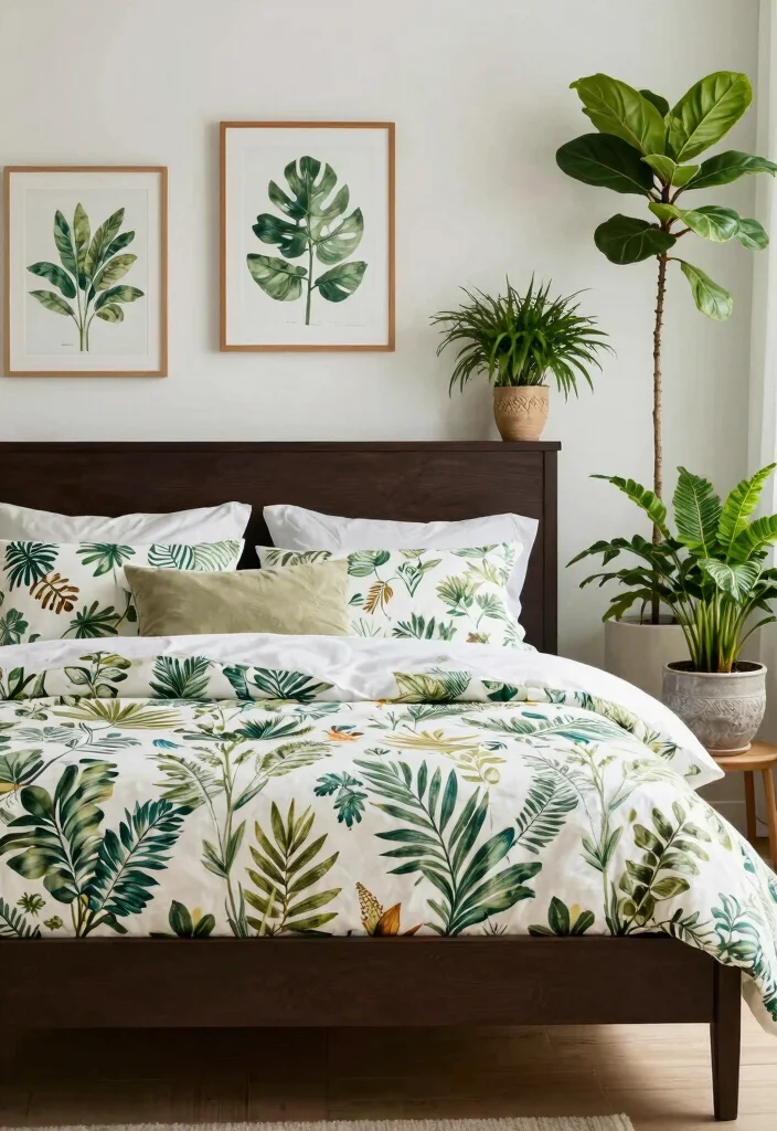 16 Dark Brown Bed Frame Boho Bedroom Ideas With Natural Texture - 8. Nature-Inspired with Botanical Prints