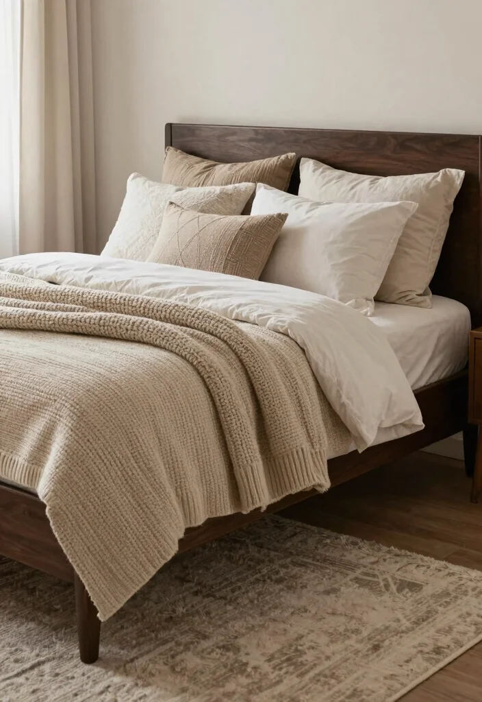 16 Dark Brown Bed Frame Boho Bedroom Ideas With Natural Texture - 9. Cozy Layers with Chunky Knits