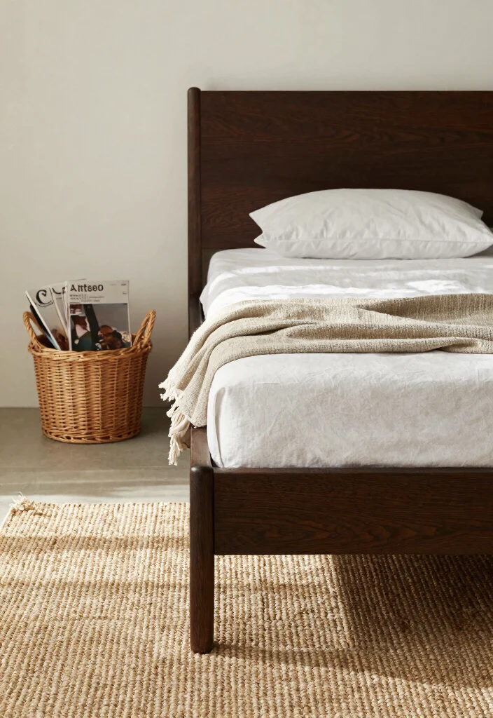 16 Dark Brown Bed Frame Minimalist Bedroom Ideas With Clean Aesthetic - 11. Natural Fiber Accents