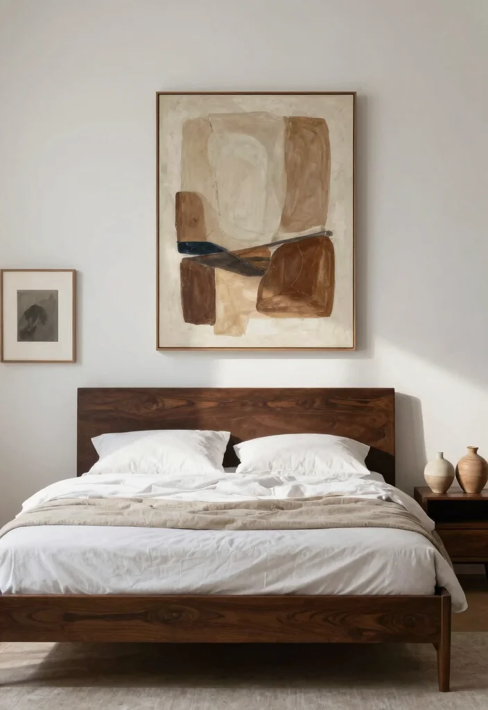 16 Dark Brown Bed Frame Minimalist Bedroom Ideas With Clean Aesthetic - 5. Incorporating Art and Decor