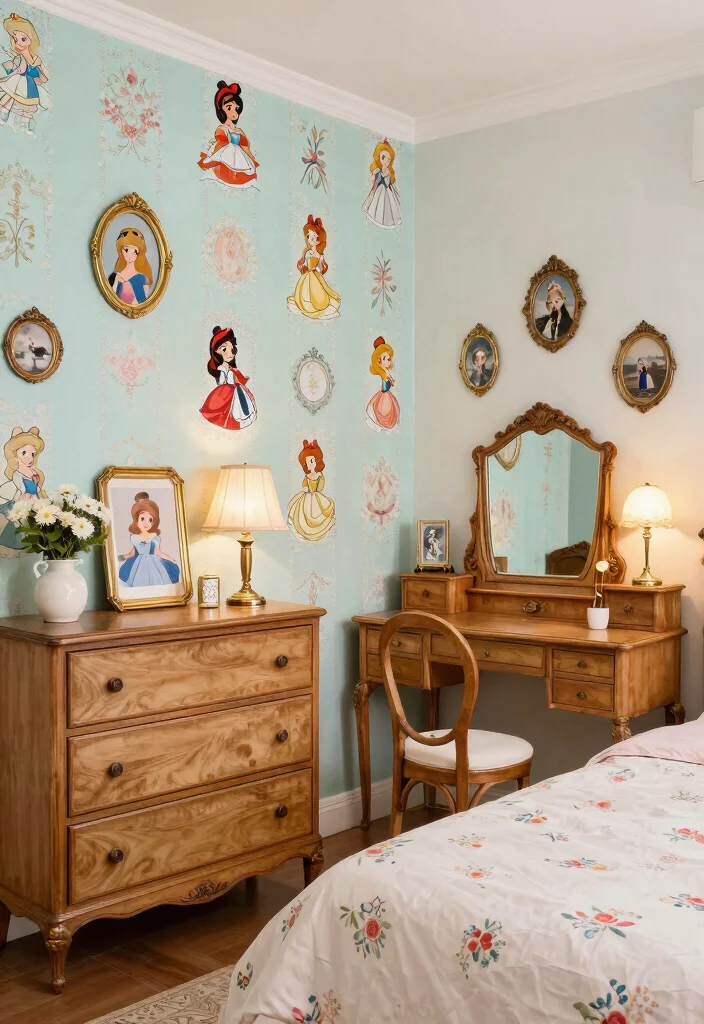 16 Disney Princess Bedroom Ideas For Adults With Magical Elegance - 13. Vintage Charm with a Twist