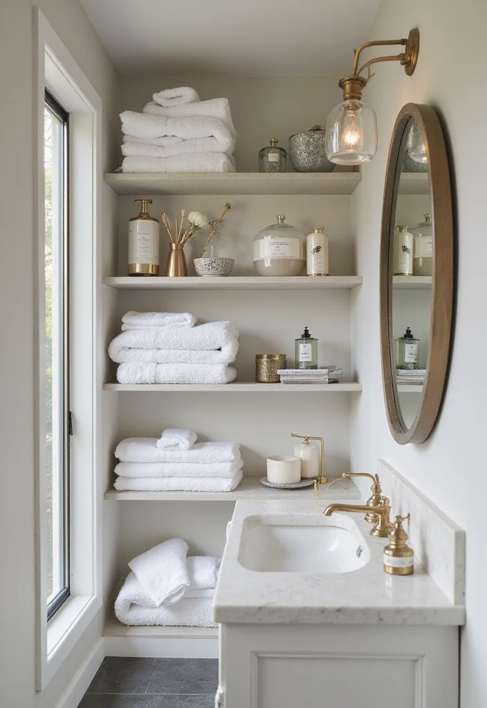 16 Luxury Small Bathroom Ideas Worth Saving - 12. Open Shelving