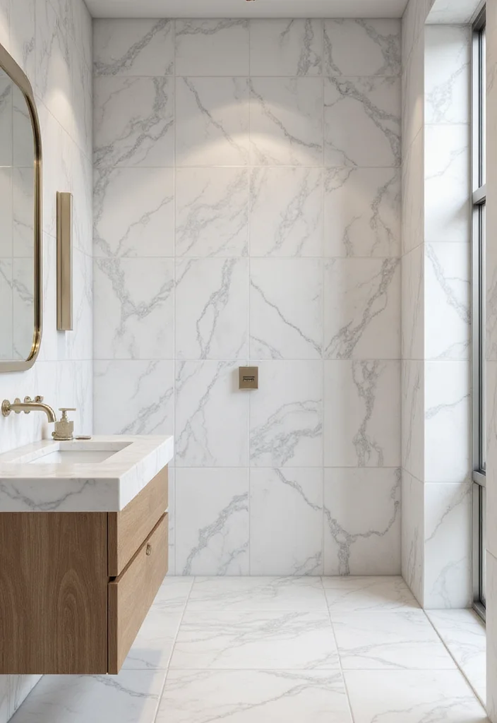 16 Marble Bathroom Tile Ideas for Luxury Looks - 1. White Marble Tiles with Gray Veining