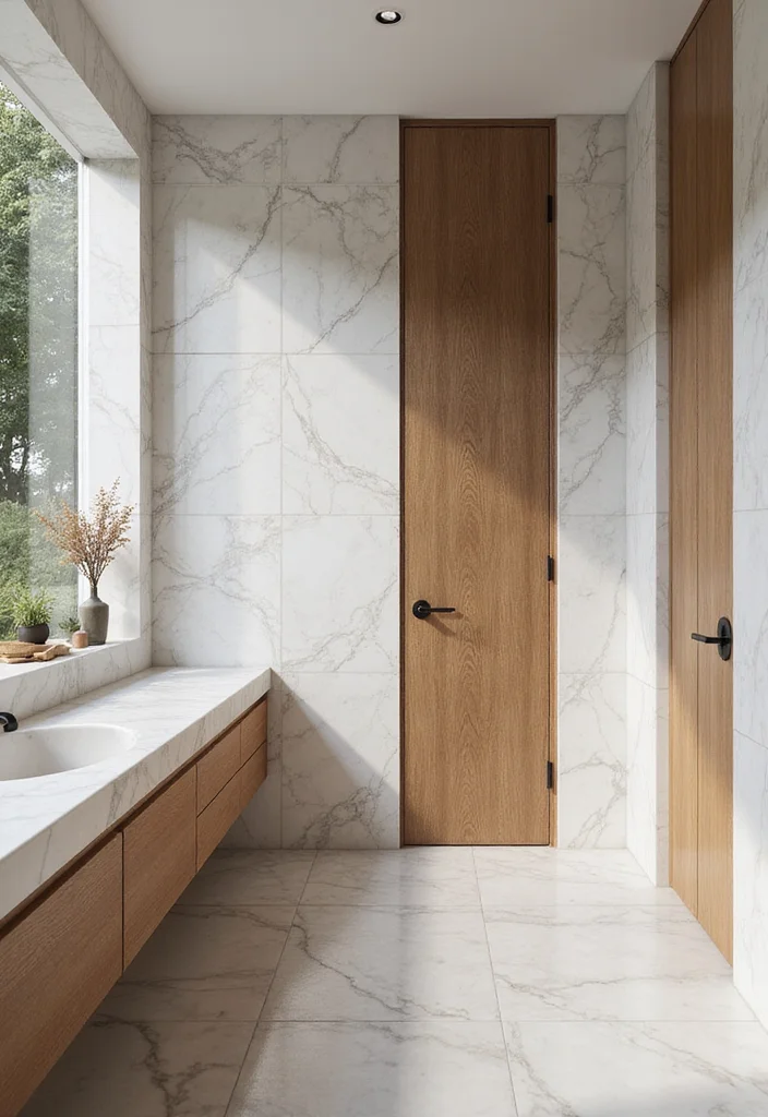 16 Marble Bathroom Tile Ideas for Luxury Looks - 14. Marble Tile with Wood Accents