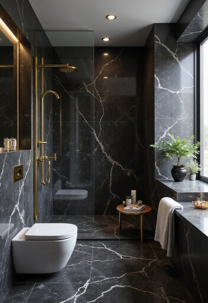 16 Marble Bathroom Tile Ideas for Luxury Looks - 2. Polished Black Marble Elegance