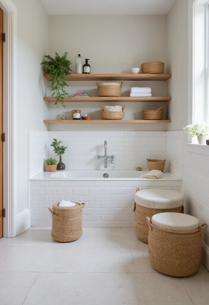 16 Natural Bathroom Decor Ideas for a Calming Space - 8. Minimalist Storage Solutions
