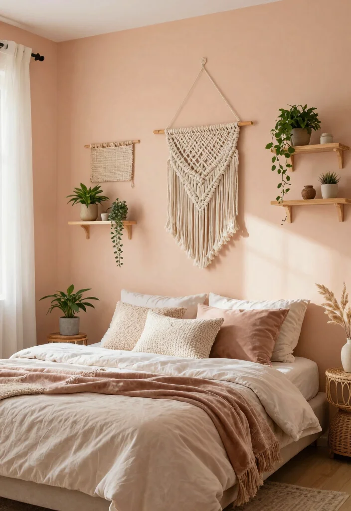 16 Peach Colour Bohemian Bedroom Ideas With Artistic Flair - 1. Soft Peach Walls with Textured Fabrics