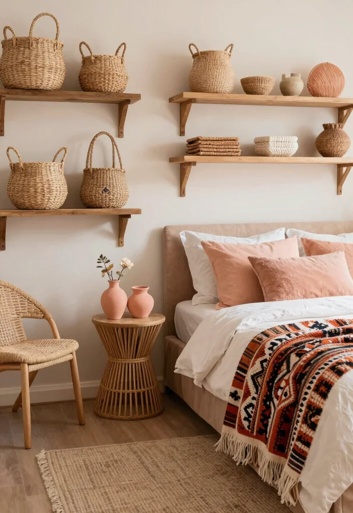 16 Peach Colour Bohemian Bedroom Ideas With Artistic Flair - 10. Boho Chic Accents