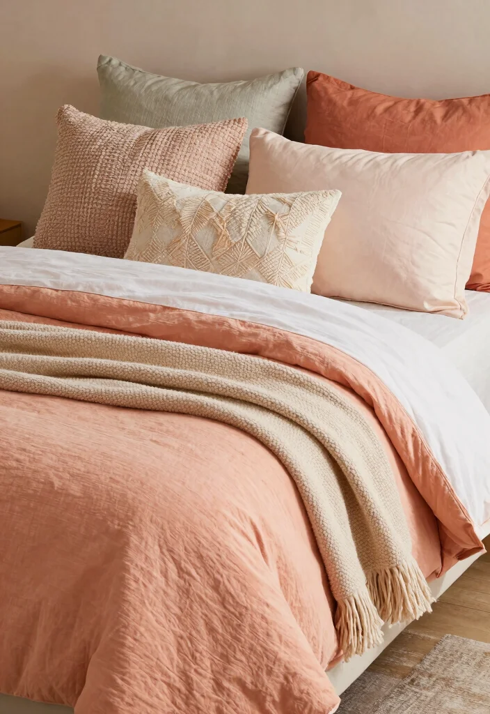 16 Peach Colour Bohemian Bedroom Ideas With Artistic Flair - 11. A Cozy and Colorful Bedspread