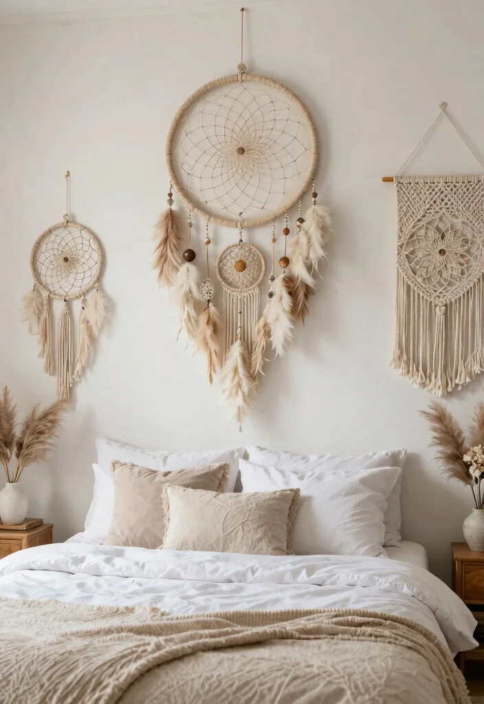 16 Peach Colour Bohemian Bedroom Ideas With Artistic Flair - 12. Dreamcatchers and Wall Hangings