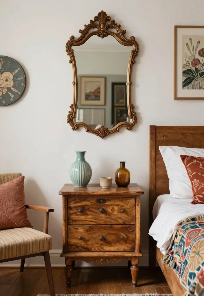 16 Peach Colour Bohemian Bedroom Ideas With Artistic Flair - 13. Vintage Finds and Thrifted Treasures