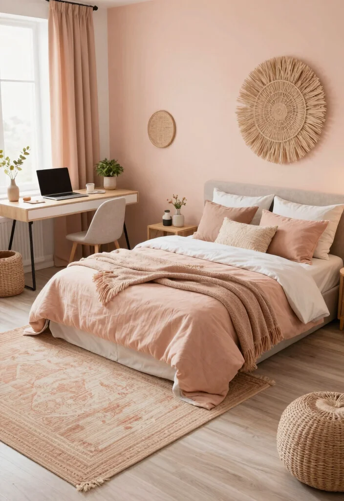 16 Peach Colour Bohemian Bedroom Ideas With Artistic Flair - 16. Create Zones for Different Activities