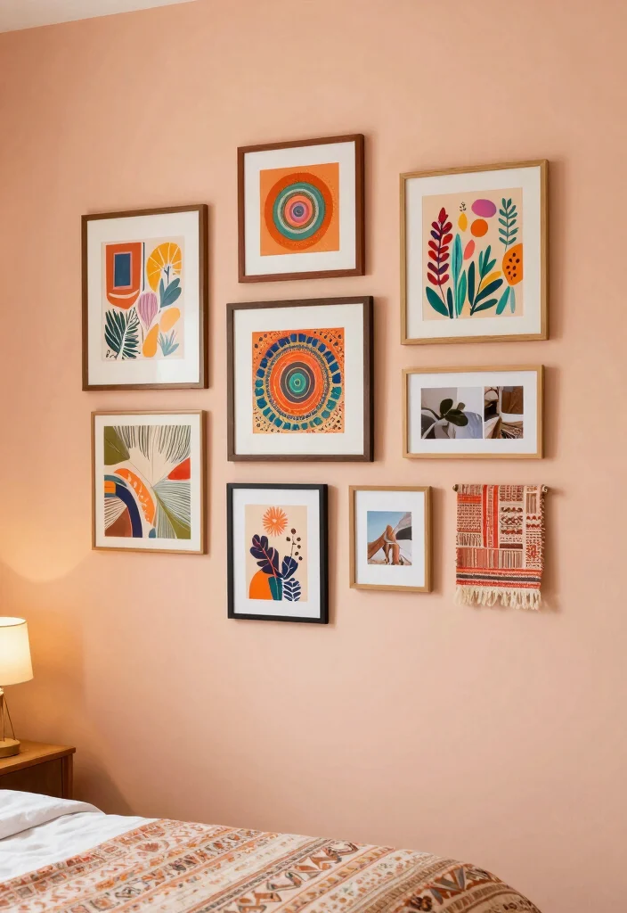 16 Peach Colour Bohemian Bedroom Ideas With Artistic Flair - 3. Artistic Gallery Wall