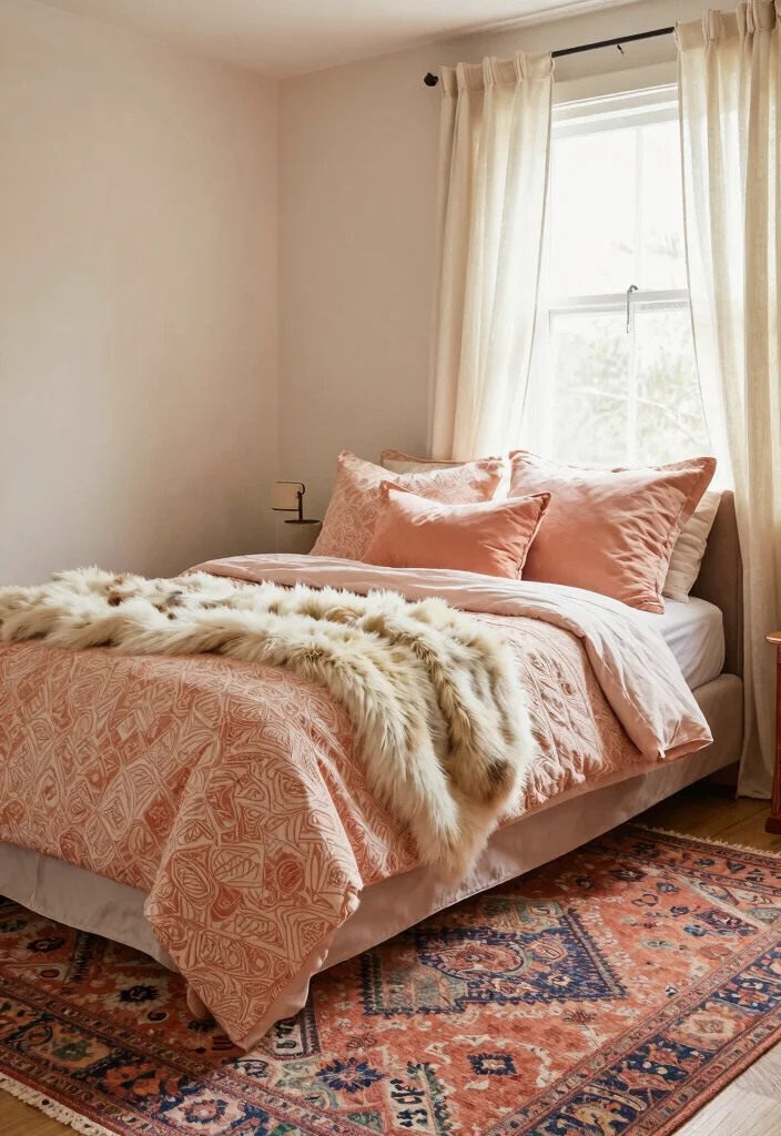 16 Peach Colour Bohemian Bedroom Ideas With Artistic Flair - 5. Layering Textiles