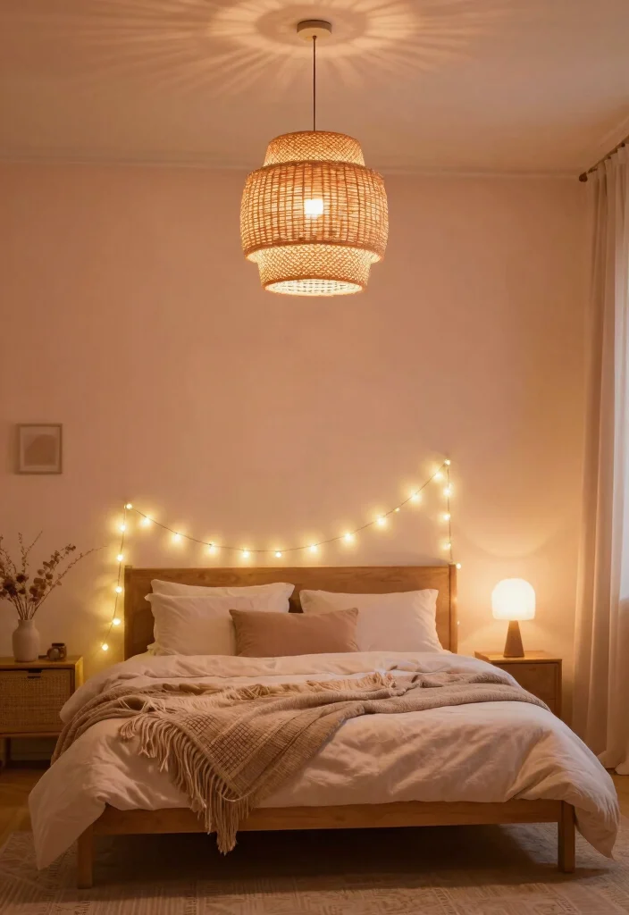 16 Peach Colour Bohemian Bedroom Ideas With Artistic Flair - 6. Statement Lighting