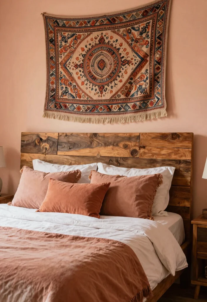 16 Peach Colour Bohemian Bedroom Ideas With Artistic Flair - 8. Unique Headboard Options