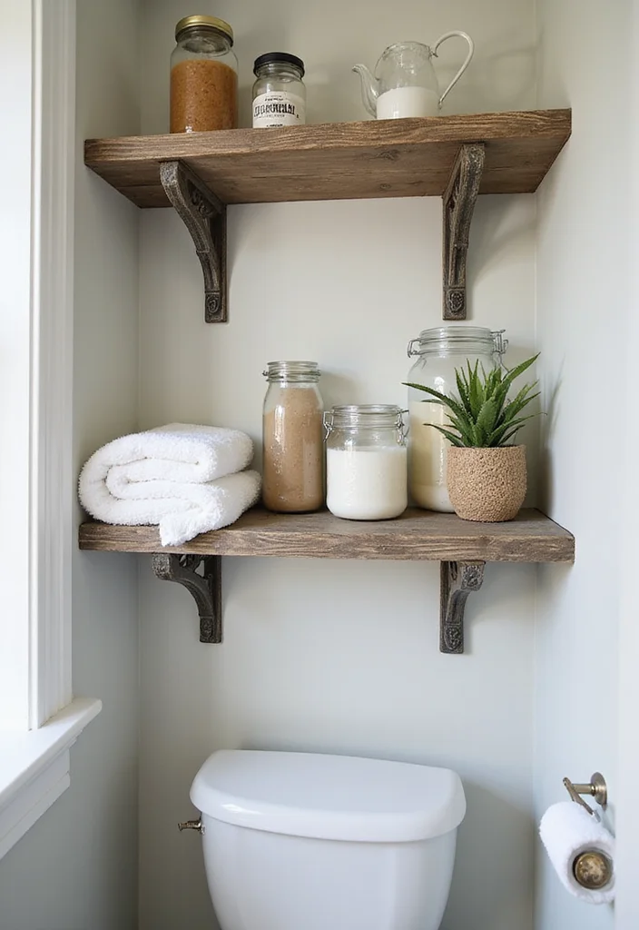 16 Small Bathroom Storage Ideas That Maximize Space - 1. Floating Shelves with Vintage Charm