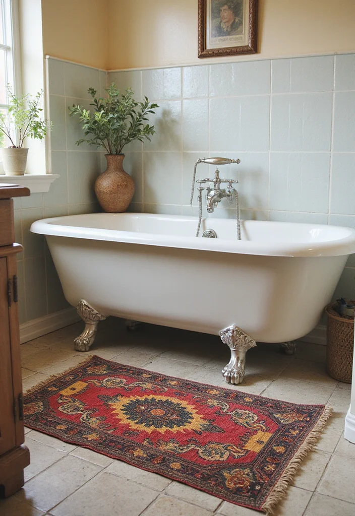 16 Small Bathroom Storage Ideas That Maximize Space - 12. Vintage Bath Mats for Added Texture