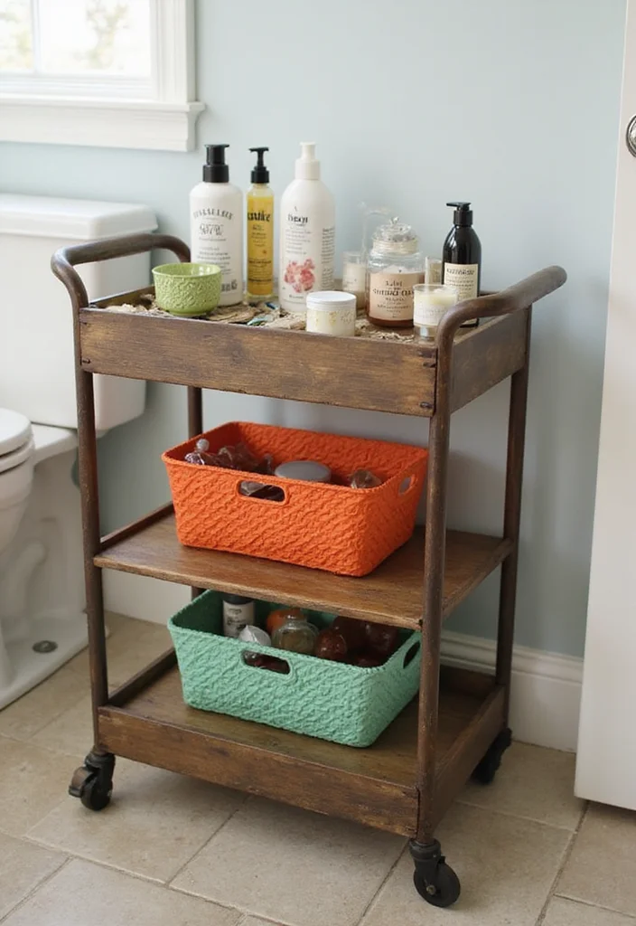 16 Small Bathroom Storage Ideas That Maximize Space - 2. Vintage Carts for Mobility and Style
