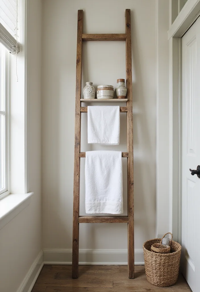 16 Small Bathroom Storage Ideas That Maximize Space - 3. Repurposed Ladder for Towel Storage