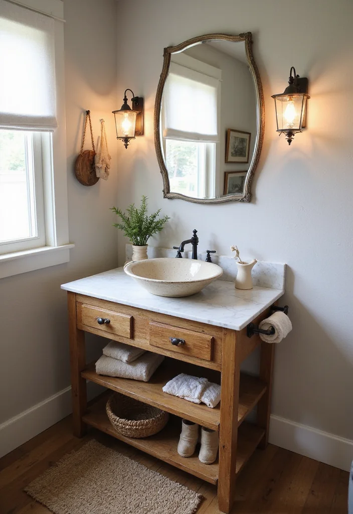 16 Stylish Sink Bathroom Ideas to Refresh Your Space - 12. Vintage-inspired Farmhouse Countertop Sink