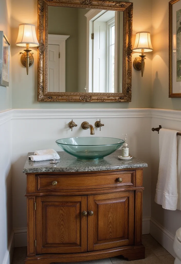 16 Stylish Sink Bathroom Ideas to Refresh Your Space - 6. Vintage-Inspired Glass Sink