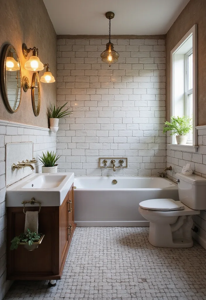 16 Subway Tile Bathroom Designs for Any Style - 10. Subway Tiles and Vintage Lighting
